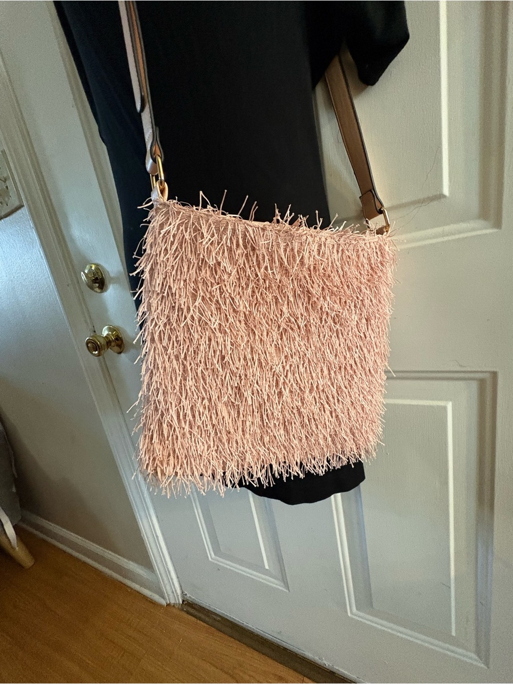 Fringed Pink Crossbody Bag with Adjustable Strap